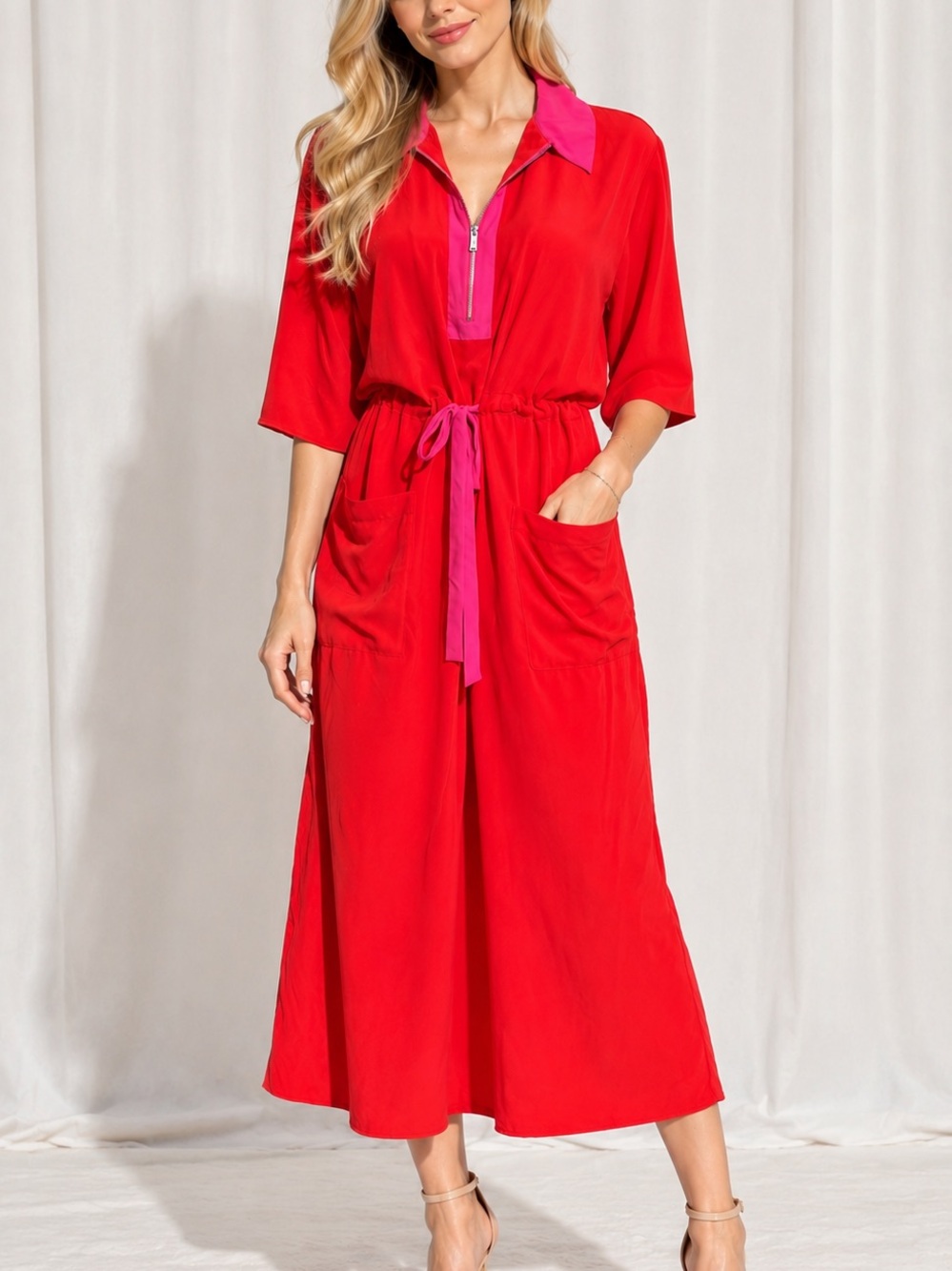 Topshop Red Midi Dress with Pink Collar & Drawstring
